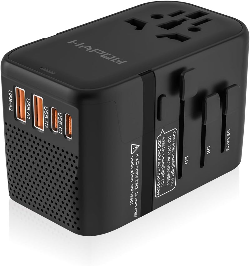 HAPOW Voltage Converter Universal Travel Adapter, PD20W International Power Adapter,Fast Charging Travel Charger, All in One Worldwide Travel Plug Adapter, Outlet Adapter for EU UK USA AU, Black - Image 1